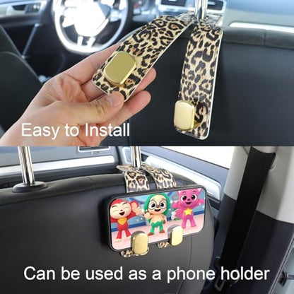 Purse and Bag Hook for Car, Zinc Alloy Seat Headrest Hooks, Upgraded Leather Car Seat Back Purses Hanger and Bags Holder (Leopard, 2Pack) - color: Leopard