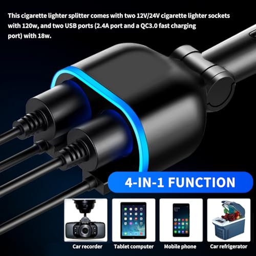 2026 Upgrade Car Cigarette Lighter Splitter,4 in 1 Double Cigarette Lighter Adapter with USB Port 2.4A & QC3.0 Super Fast for Mobile Phone,Dash Cam,12/24V Car Charger with LED Voltmeter