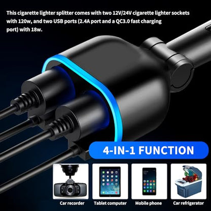 2026 Upgrade Car Cigarette Lighter Splitter,4 in 1 Double Cigarette Lighter Adapter with USB Port 2.4A & QC3.0 Super Fast for Mobile Phone,Dash Cam,12/24V Car Charger with LED Voltmeter