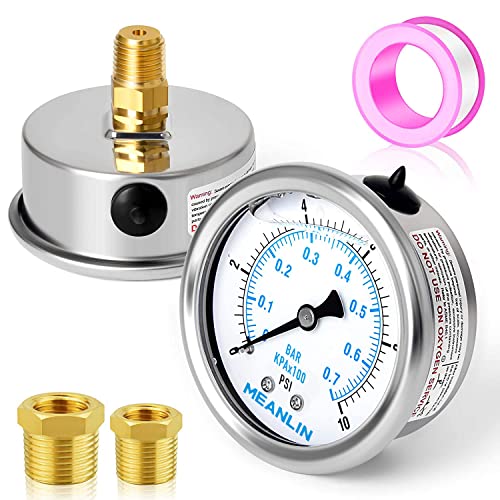 MEANLIN MEASURE 0~10Psi Stainless Steel 1/4" NPT 2.5" FACE DIAL Liquid Filled Pressure Gauge WOG Water Oil Air Center Back Mount, with 1/2" NPT and 3/8" NPT Hex Bushing - size: 0-10psi