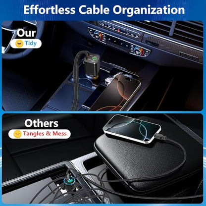 Retractable Car Charger, 120W 4-in-1 USB-C & Lightning Fast Charge Car Phone Charger, Dual Retractable Cable for iPhone 17/16/15/14/13/12 Samsung Travel Essentials Gifts for Women Men - color: Lightning & USB-C Cable