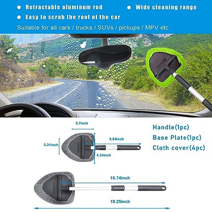 Ziciner Car Windshield Cleaner, Microfiber Auto Cleaning Wiper with Aluminum Extendable Handle and 2 Washable Reusable Cloth Pad Head, Universal Vehicle Interior Exterior Cleaner Kit (Green-Triangle) - size: Green-triangle