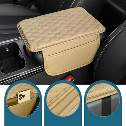 Car Center Console Cover, Leather Auto Arm Rest Cover with Side Storage Bags, Wear-Resistant Storage-Enabled Console Pad, Universal for Most Cars, Trucks and Vans (Beige) - color: Beige