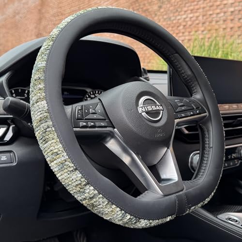 PINCTROT D Shaped Chenille Leather Steering Wheel Cover, Soft Mottled Colors, Sweat-Proof, Non-Slip Grip, All-Season Comfort, Flat Bottom 14.5-15 Inch(Mottled Green) - color: 4.Green, size: D Shaped/Flat Bottom[14 1/2''-15'']