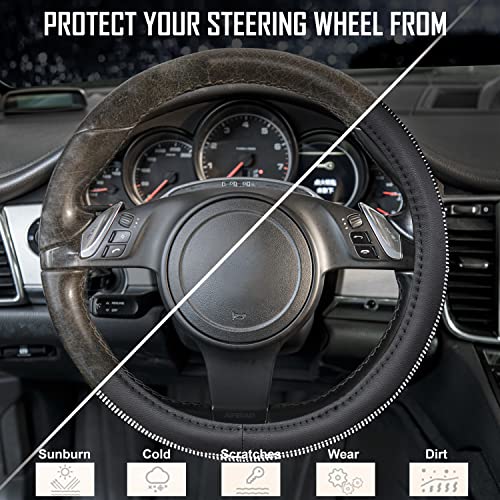 CAR PASS Diamond Black Leather Steering Wheel Cover, with Bling Crystal Rhinestones Universal Fit 14" 1/2-15" Crystal Glitter for Women Sparkle Girl Fit Suvs,Vans,Sedans,Cars,Trucks, White Diamond - color: Black Crystal Holder Silver Diamond