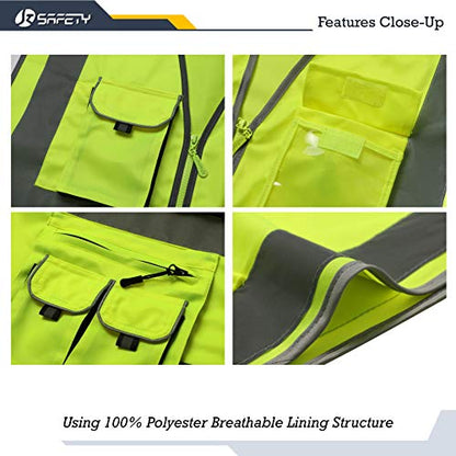 JKSafety 10 Pockets Class 2 High Visibility Zipper Front Safety Vest Yellow with High Reflective Strips Meets ANSI/ISEA Standards (88-Yellow, Medium) - color: Yellow, size: Medium