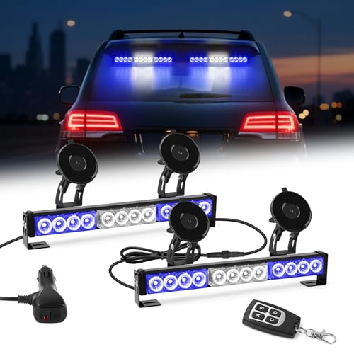 Blue White LED Emergency Lights for Vehicles First Responder Strobe Lights Bar for Firefighters Police Trucks Blue and White 23 Flash Patterns 2pcs 12.8 inch Wireless Remote Control Warning Lights - color: Blue White