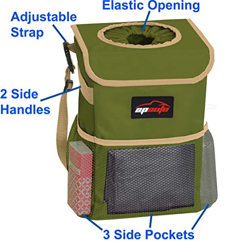 EPAuto Waterproof Car Trash Can with Lid and Storage Pockets, 2.5 Gallon Leakproof, Green - color: Green