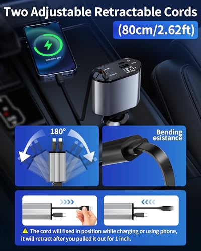 Retractable Car Charger, 4 in 1 Fast Charging Car Charger USB-C & USB-A Compatible with iPhone 16/15/14/13/12/11/X,Galaxy,Pixel - color: grey(standard gray)