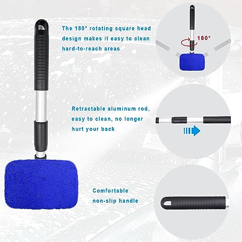 Ziciner Car Windshield Cleaner, Microfiber Auto Cleaning Wiper with Aluminum Extendable Handle and 2 Washable Reusable Cloth Pad Head, Universal Vehicle Interior Exterior Cleaner Kit (Blue-Rectangle) - size: Blue-rectangle
