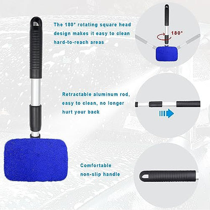 Ziciner Car Windshield Cleaner, Microfiber Auto Cleaning Wiper with Aluminum Extendable Handle and 2 Washable Reusable Cloth Pad Head, Universal Vehicle Interior Exterior Cleaner Kit (Blue-Rectangle) - size: Blue-rectangle