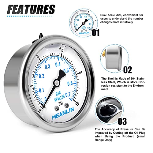 MEANLIN MEASURE 0~10Psi Stainless Steel 1/4" NPT 2.5" FACE DIAL Liquid Filled Pressure Gauge WOG Water Oil Air Center Back Mount, with 1/2" NPT and 3/8" NPT Hex Bushing - size: 0-10psi