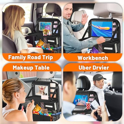 Backseat Car Organizer with Table Tray,12 Pockets Storage Organizer with Tablet Holder,Car Seat Organizer with Car Tissue Holder,Kick Mats Protector For Kids,Travel Accessories(2-Pack)