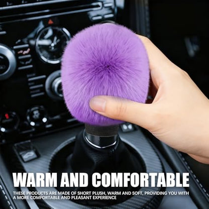 2PCS Plush Car Gear Shift Knob Cover & Handbrake Cover, Shift Knob Protector, Soft Fluffy Gear Handbrake Protective Sleeves, Shifter Lever Brake Handle Warm Plush Set for Cars (Purple) - color: Purple