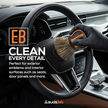 Suds Lab Elite-Bristle Boar’s Hair Car Detailing Brush – Deep Cleaning Car Detail Brush with Stand – Metal-Free, High Absorbency Detailing Tool for Scratch-Free Interior & Exterior - size: Boar Hair