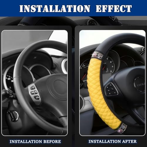 Soft Leather Car Steering Wheel Cover, Universal 15 Inch Colorful Rhinestones Anti-Slip Elastic Steering Wheel Covers for Most Cars, Sparkly Crystal Diamond for Women Girls (Yellow) - color: Yellow