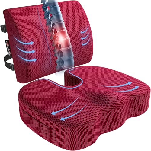 FORTEM Seat Cushion, Office Chair Cushion, Lumbar Support Pillow for Office Chair, Memory Foam Sciatica Coccyx Tailbone Pressure Pain Relief, Car Sitting Pad, Washable Non Slip, XL - color: Red Mesh, size: X-Large
