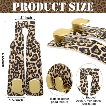 Silkfly 4 Pcs Leopard Print Car Seat Back Hooks, Brown Cheetah Car Headrest Hooks Metal & Leather Multi-Function Storage Double Hanger for Purse Handbags Phone Organizer Accessories Gift