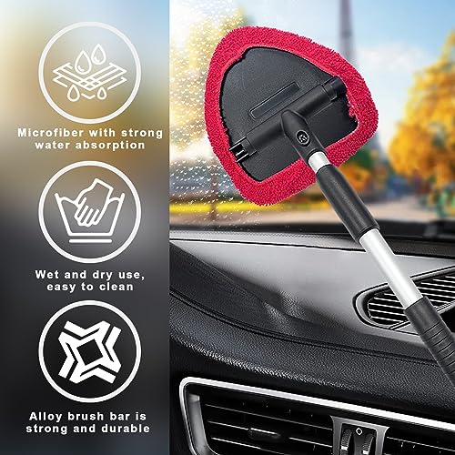 Ziciner Car Windshield Cleaner, Microfiber Auto Cleaning Wiper with Aluminum Extendable Handle and 2 Washable Reusable Cloth Pad Head, Universal Vehicle Interior Exterior Cleaner Kit (Red-Triangle) - size: Red-Triangle