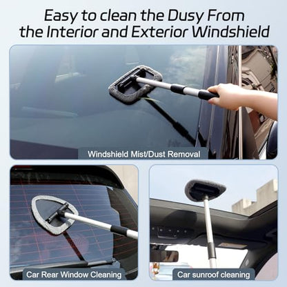 Windshield Cleaner Tool, Car Interior Window Cleaning Tool, Car Wash kit with 4 Reusable Microfiber Pads, 2 Extendable Handle and 2 Spray Bottles, Glass Wiper Kit for Windshield, Home Windows