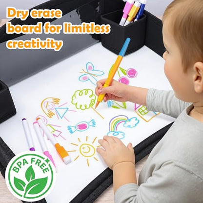 Kids Travel Tray for Toddler Carseat, Road Trip Activities Essentials for Toddler, Kids Lap Desk Tray with Tablet Holder Stand ＆ Dry Erase Board (Black) - color: Black