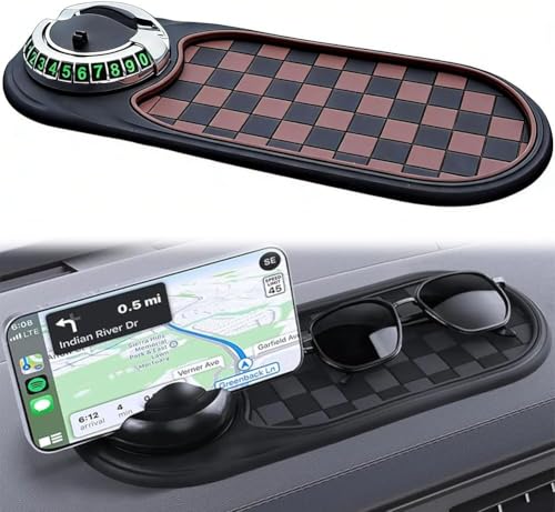 Multifunctional Car Dashboard Anti-Slip Mat with 360° Rotatable Phone Holder & Temporary Parking Number Plate, Anti Slip Dashboard Pad for Car Interior Accessories, Brown-Black (Brown-Silver) - color: Brown-Silver
