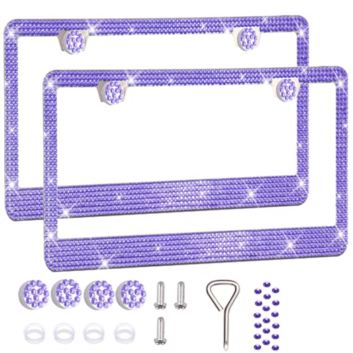 2 Pack License Plate Frames for Women, Sparkly Rhinestone Diamond Car Accessories with Glitter Crystal Caps (Purple (2PCS)) - color: Purple (2PCS)