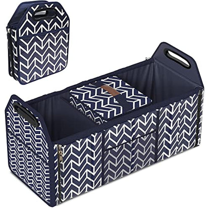 Orionstar Trunk Organizer, Foldable Car Storage Bag Portable Insulation Cooler Bag Collapsible Vehicle Organizer Divider Storage Totes with 3 Compartment Cargo Tote for Groceries Caddy SUV, Navy Blue