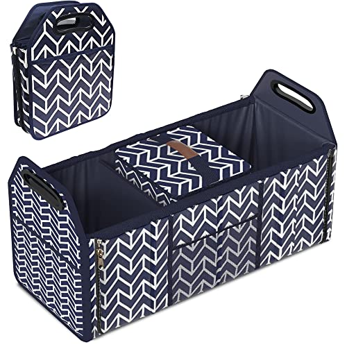 Orionstar Trunk Organizer, Foldable Car Storage Bag Portable Insulation Cooler Bag Collapsible Vehicle Organizer Divider Storage Totes with 3 Compartment Cargo Tote for Groceries Caddy SUV, Navy Blue