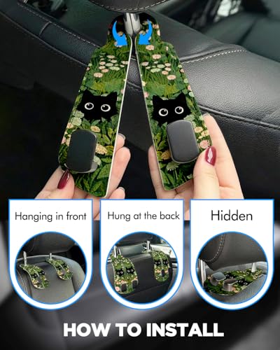 WOCOCN 2 Pack Car Purse Hook for Car Seat Headrest, Double-Sided PrintingPU Leather Purse Holder with Metal Hook, Cute Car Accessories for Women, Men (Car hook - Grass Cat B) - color: Car hook - Grass Cat B