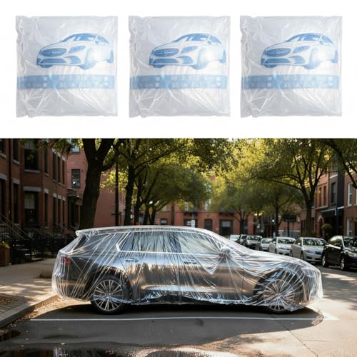 LEIFIDE 3pcs Universal Large Plastic Car Covers 15.7X 24.6ft Extra Clear Reusable Car Cover with Elastic Band for SUV, Sedan, Mini Van and Outdoor Snow Rain Wind Dust Frost