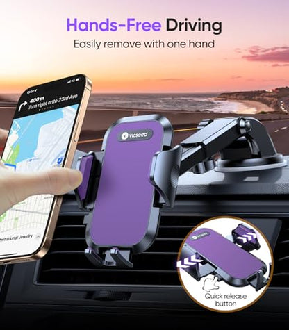 VICSEED Purple Phone Holders for Your Car [Upgraded True Military-Grade Strongest Suction] Cell Phone Mount for Car Dashboard Windshield Vent Truck Boat Stand Adjustable for iPhone Android - color: Purple