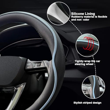 HAOTULE Leather Steering Wheel Cover， with Anti-Slip Stripe Design - Enhanced Grip, Fashion Style, Safe, Non-Slip, Breathable. Upgrade car Interior，Black Blue - color: Black Blue