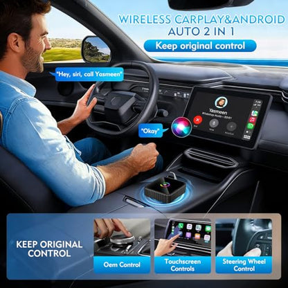 Wireless CarPlay Adapter, 2-in-1 Mini CarPlay & Android Auto Wireless Adapter, Plug & Play, Auto Connect, Car Accessories, Car Play Dongle Compatible with iPhone & Android