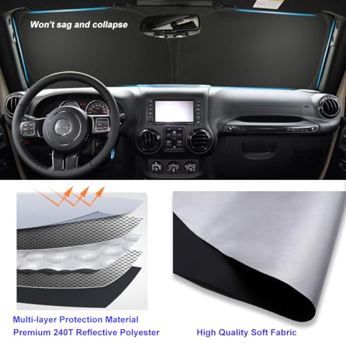 Windshield Sun Shade for Jeep Wrangler TJ JK JKU 4&2 Door 1997-2017 Front Window Shade Sun Visor Protector Jeep Wrangler Accessories Foldable Sunshade Reflective Polyester Blocks UV Rays Keep Car Cool - size: for Wrangler 1997-2017
