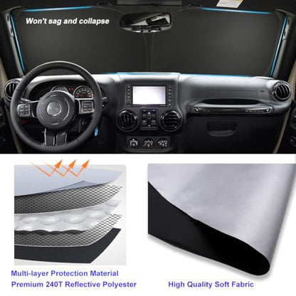 Windshield Sun Shade for Jeep Wrangler TJ JK JKU 4&2 Door 1997-2017 Front Window Shade Sun Visor Protector Jeep Wrangler Accessories Foldable Sunshade Reflective Polyester Blocks UV Rays Keep Car Cool - size: for Wrangler 1997-2017