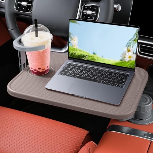 Car Tray & Car Desk for Laptop, 360° Rotating Wood Cup Holder Table,Aluminum Cantilever Laptop Mount for Vehicle,Steering Wheel Tray,Fits for Tesla Model Y/3/S,Camry Forester F150 Tundra&Most Vehicles - color: Truffle Brown
