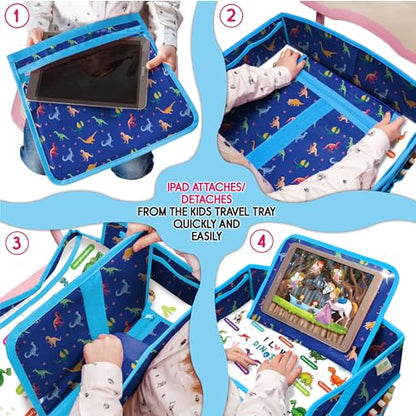 Kids Travel Tray - Waterproof Car Table with No-Drop Large Tablet Holder - Car Seat Tray - Road Trip Must Haves - Lap Desk Kids Organizer for Airplane - Toddler Travel Activities (Blue) - color: DINOSAUR