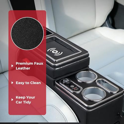 Center Console Between Seat Organizer for Minivans & SUVs - with Wireless Charging Pad, Blue LED Ambient Light, Phone Holder & Cup Holders, Middle Van Floor Console Storage Box (Black)
