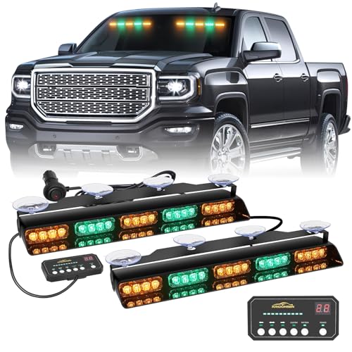 XRIDONSEN 2x 17 inch Amber Green Emergency Lights for Trucks Interior Front/Rear Windshield Dash Strobe Lights 40 LED Safety Flashing Warning Hazard Caution w/Controller for Construction Vehicles Car - color: Amber/Green