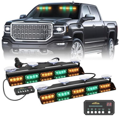 XRIDONSEN 2x 17 inch Amber Green Emergency Lights for Trucks Interior Front/Rear Windshield Dash Strobe Lights 40 LED Safety Flashing Warning Hazard Caution w/Controller for Construction Vehicles Car - color: Amber/Green