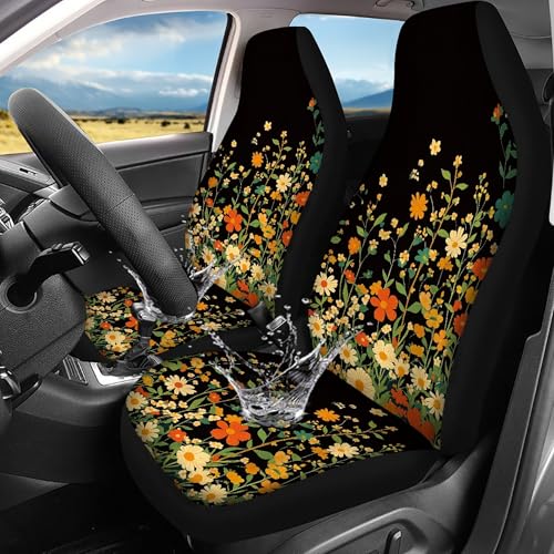 Wild Floral Print Black Seat Cover for Cars,SUV,Waterproof Front Seats Protector,Fashion Auto Interior Accessories for Women - color: Floral
