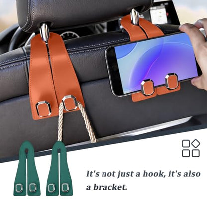 2PCS Car Headrest Hooks, Nappa Leather Metal Vehicle Double Seat Back Storage Hook for Purse Bag Coat, Multifunctional Automotive Interior Hanging Hanger, Universal Fit (Green) - color: Green