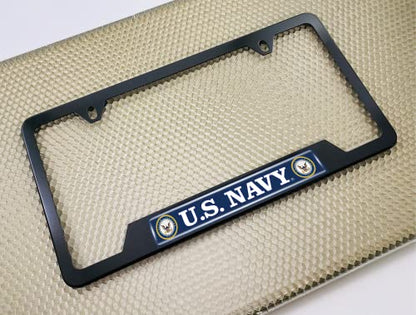 [Officially Licensed Product] - Stainless Steel Matte Black CAR 2-Hole Standard Size - Domed Custom-Made Corrosion-Resistant License Plate Frame with U.S. Navy Design and Free caps - (Qty: 1 Frame) - size: U.S. Navy