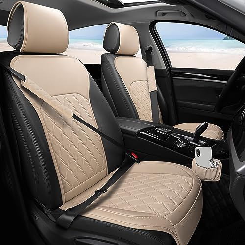 Front Car Seat Covers - Leather Seat Covers with Storage Pocket and Two Belt Pads, Anti-Slip Waterproof Universal Seat Covers for Cars Fit Cars Trucks SUV(Beige,2 Pack) - color: Beige Yellow