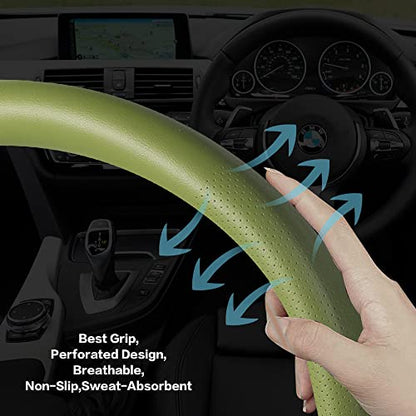 Car Steering Wheel Cover,Universal 15 Inch Premium Leather Car Steering Wheel Cover,Best Grip,Perforated Design,Breathable,Non-Slip,Sweat-Absorbent,Warm in Winter and Cool in Summer (Green) - color: Green