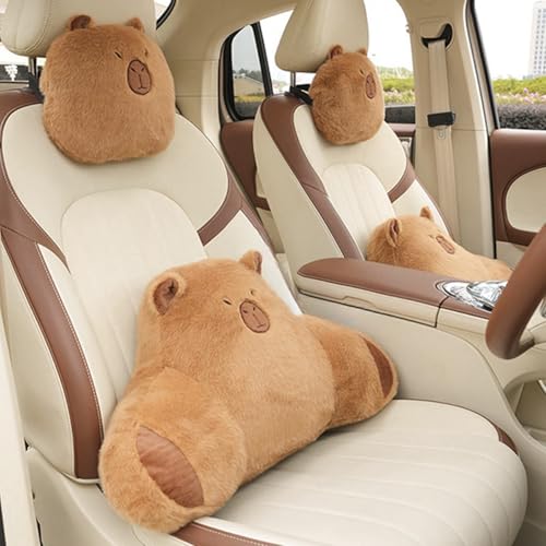 LYFJMUS 4 Pack Plush Capybara Car Headrest Pillow and Lumbar Support Pillow Kawaii Plushies Capybara Stuffed Headrest Cute Car Decor for Car Driving (Style B) - style: Style B