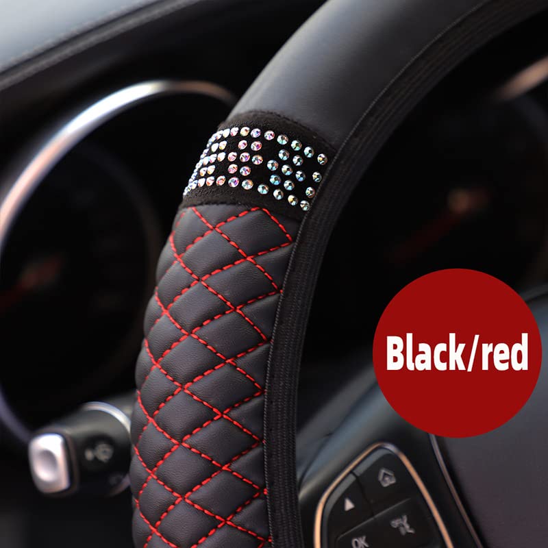 PU Leather Elasticity Car Steering Wheel Cover Anti-Slip Adjustable Steering Wheel Protective Sleeve, Black red - color: Black red