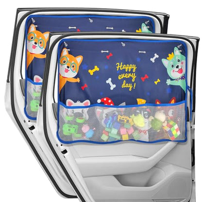 DIZA100 2 Pack Car Window Shade for Baby, Blackout Car Sun Shades with Storage Pockets, 7 Suction Cups, Blue, Cute Patterns for Sun/Heat/UV Rays Protection, Standard Passenger Cars - color: Blue-Cute Dogs 2PC