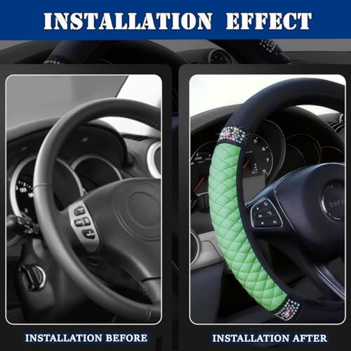 Soft Leather Car Steering Wheel Cover, Universal 15 Inch Colorful Rhinestones Anti-Slip Elastic Steering Wheel Covers for Most Cars, Sparkly Crystal Diamond for Women Girls (Green) - color: Green